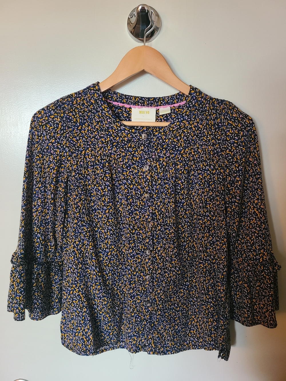 MAEVE By Anthropologie Navy Floral Patern Print Top Small